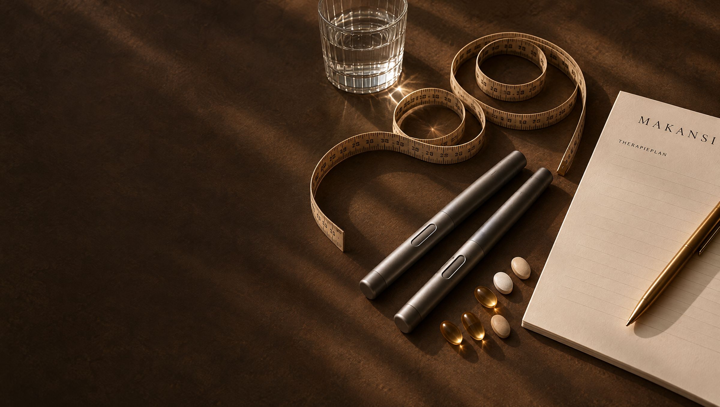 Maßband, zwei Pens, Tabletten und ein MAKANSI-Therapieplan – Symbolbild Gewichtsmanagement