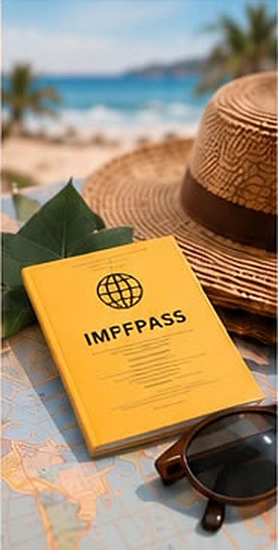 Impfpass, Sonnenhut und Sonnenbrille vor Strandkulisse
