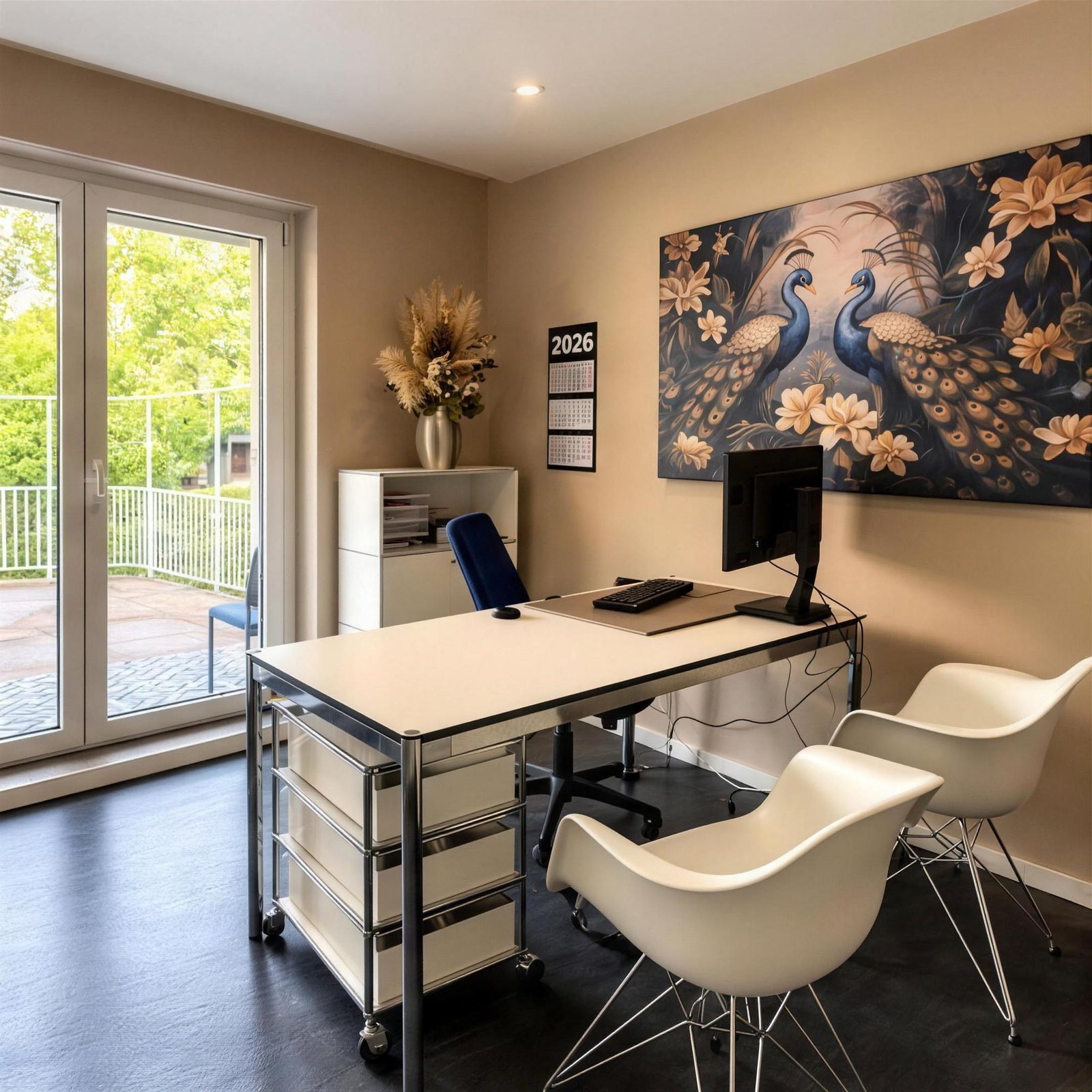 Sprechzimmer der Praxis MAKANSI mit Schreibtisch und Blick in den Garten